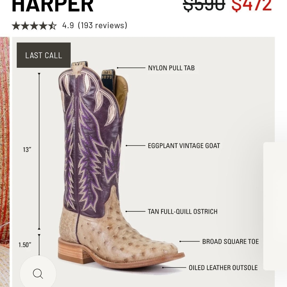 Hyer Harper Purple and Tan Ostrich Cowgirl Rodeo Western Boots DISCONTINUED 7.5 - Picture 6 of 12